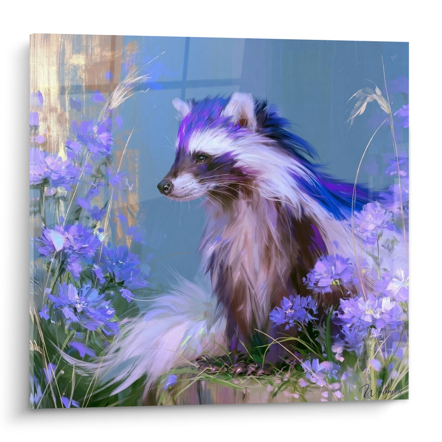 Tableau Blaireau bleu violet parmi les fleurs mauves - Halte fleurie - Edition Blaireau