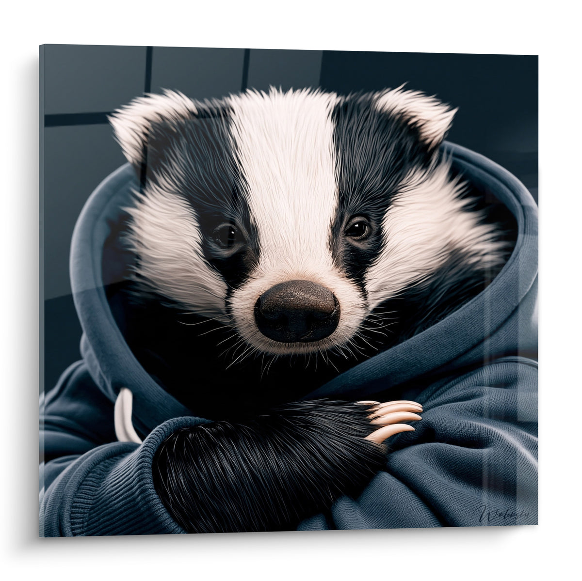 Tableau blaireau noir et blanc niché dans une capuche bleu anthracite, regard perçant et griffes visibles