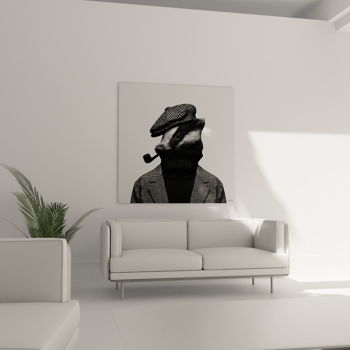 Gentleman blaireau au col roulé noir et veste anthracite, pipe et regard fixe, au-dessus d'un canapé dans un salon lumineux