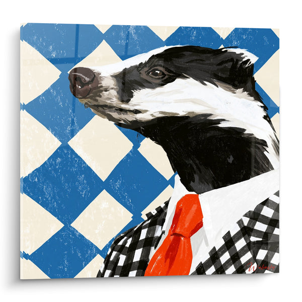 Tableau Blaireau costume à carreaux cravate orange - Portrait de dandy - Edition Blaireau
