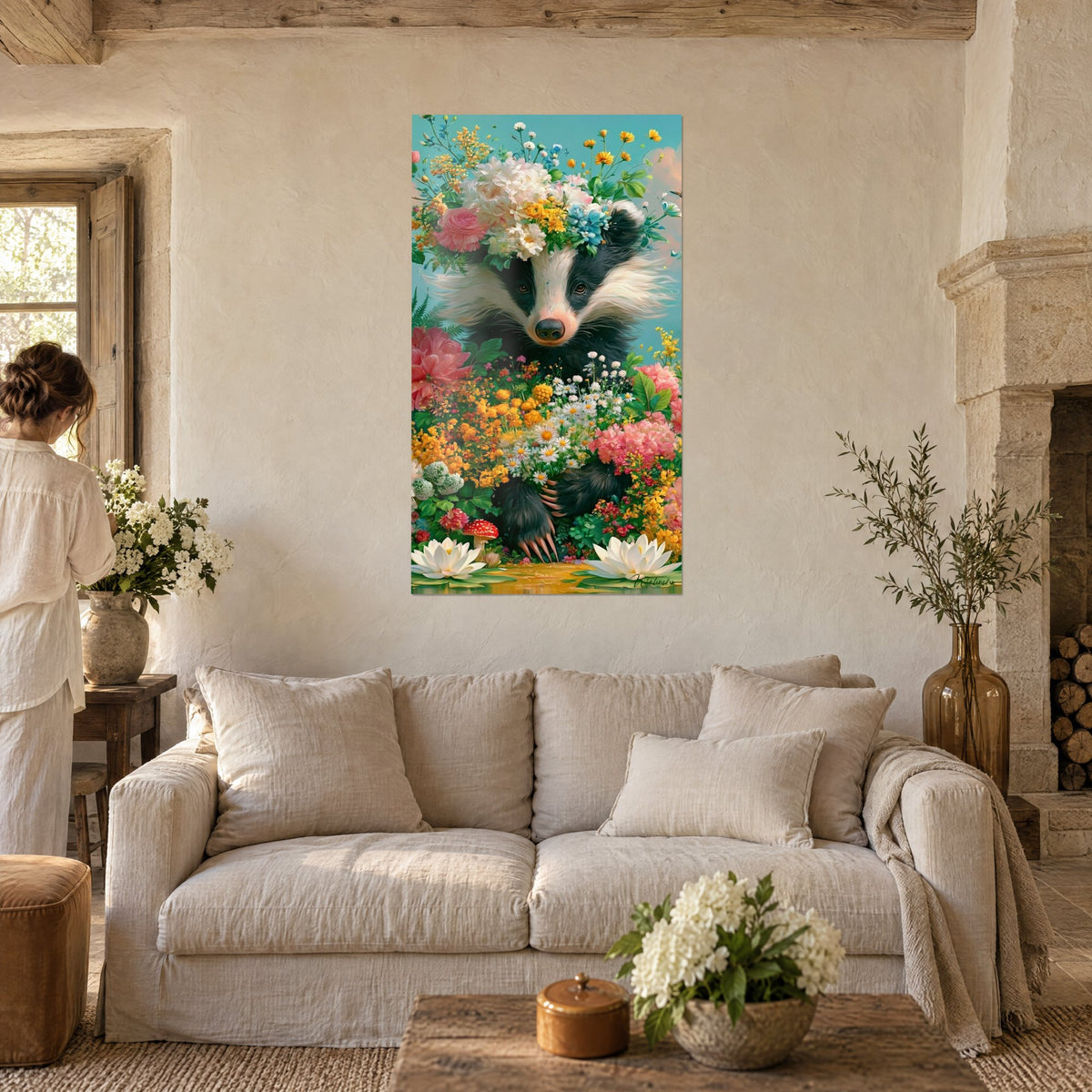 Tableau blaireau noir et blanc couronné de pivoines roses et de fleurs jaunes, au-dessus d'un canapé dans un salon lumineux