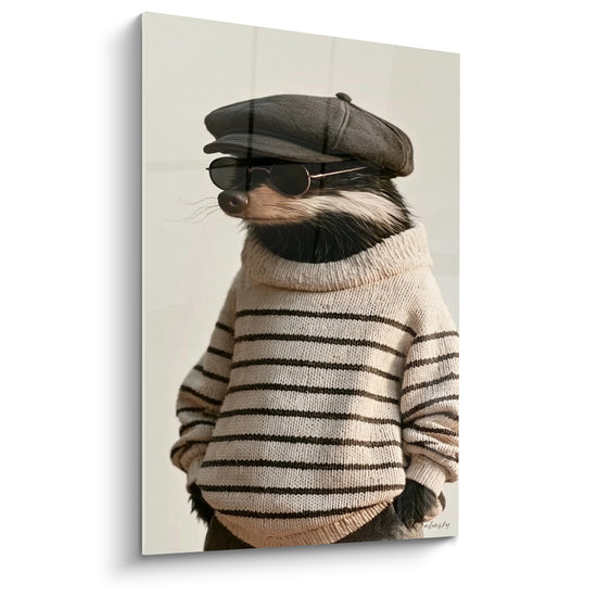 Tableau Blaireau pull rayé beige et noir - Casquette et lunettes rondes - Edition Blaireau