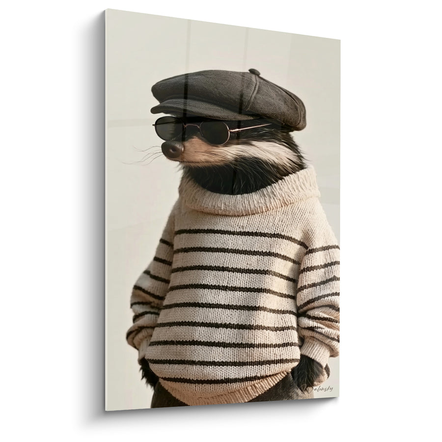 Tableau Blaireau pull rayé beige et noir - Casquette et lunettes rondes - Edition Blaireau