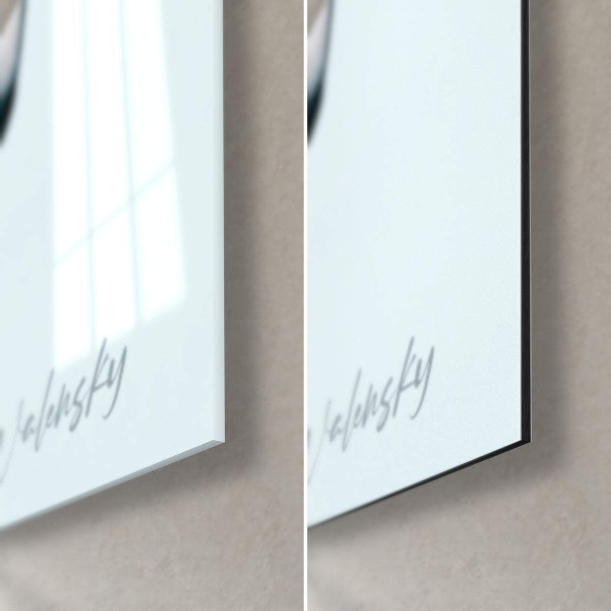 Schilderij gestreepte das, rechtsonder: zilveren signatuur, glanzend glas links, mat zwart Dibond rechts, rand van 3 mm
