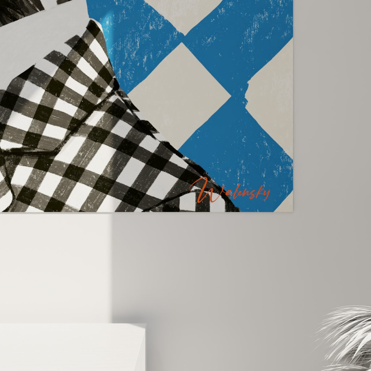 Détail des empâtements noirs et blancs du pelage et du motif vichy accentuant le grain de l'impression sur toile