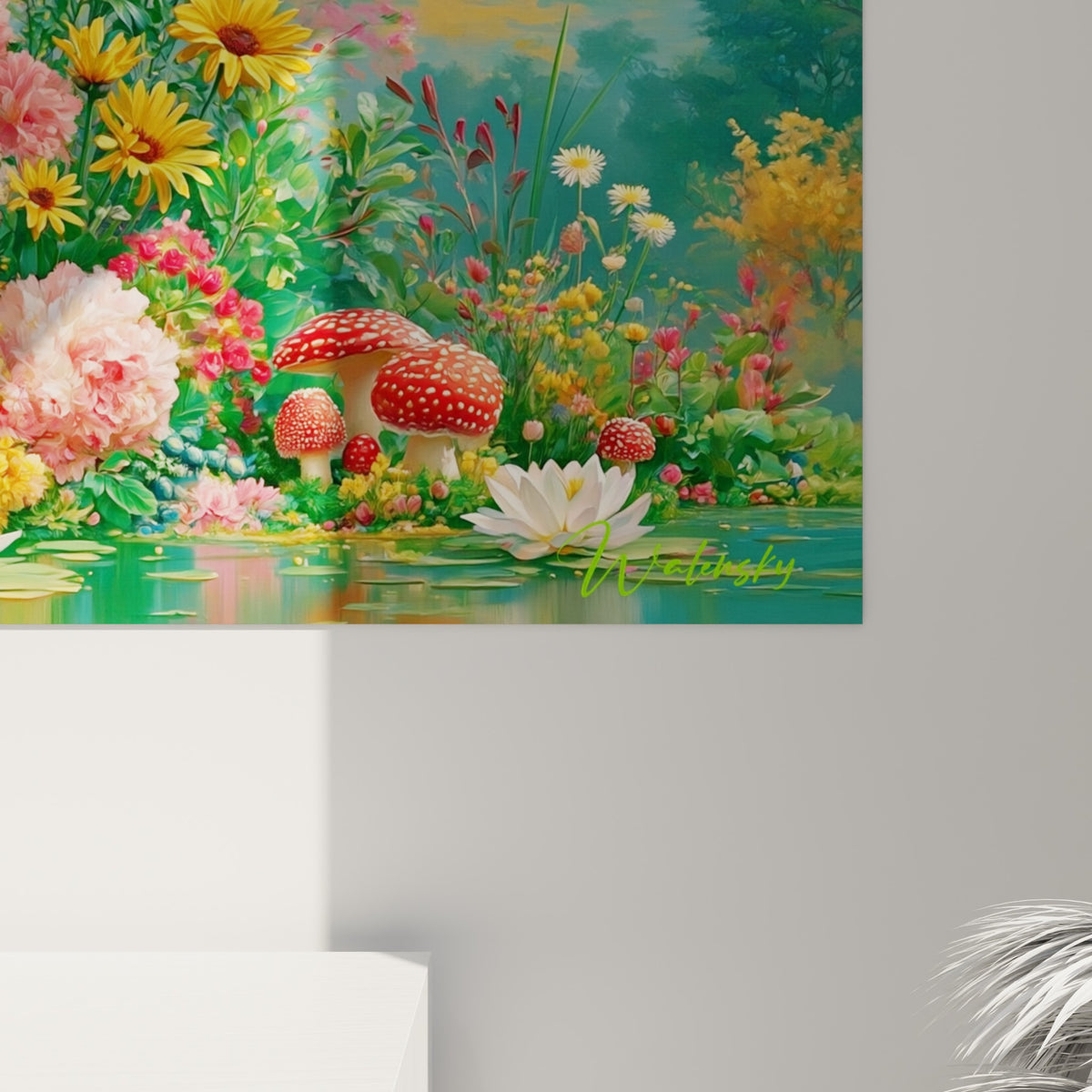 Détail des pétales roses et blancs, textures fines des fleurs et du pelage sombre du blaireau, coulures turquoise en fond
