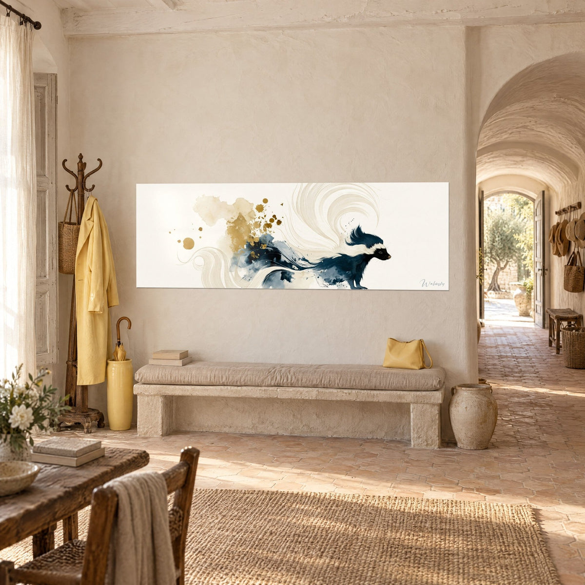 Wall art midnight blue and ivory weasel, tail curling in swirls on a beige background, gold specks, hung above an antique stone bench