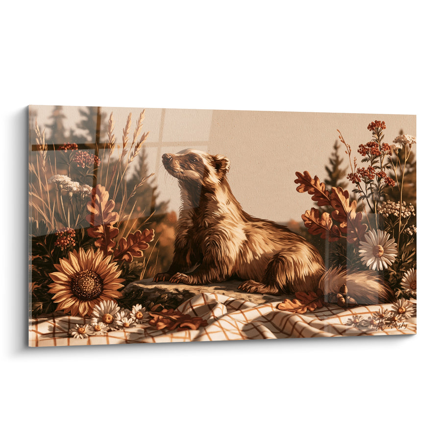 Tableau Blaireau doré parmi tournesols et feuilles cuivrées - Halte automnale - Edition Blaireau