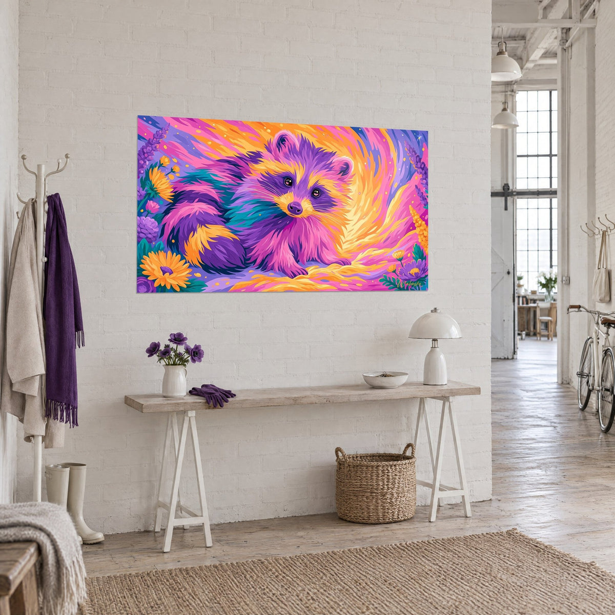 Wall art raccoon with magenta and turquoise fur, golden swirl in the background, on the white brick wall of the loft