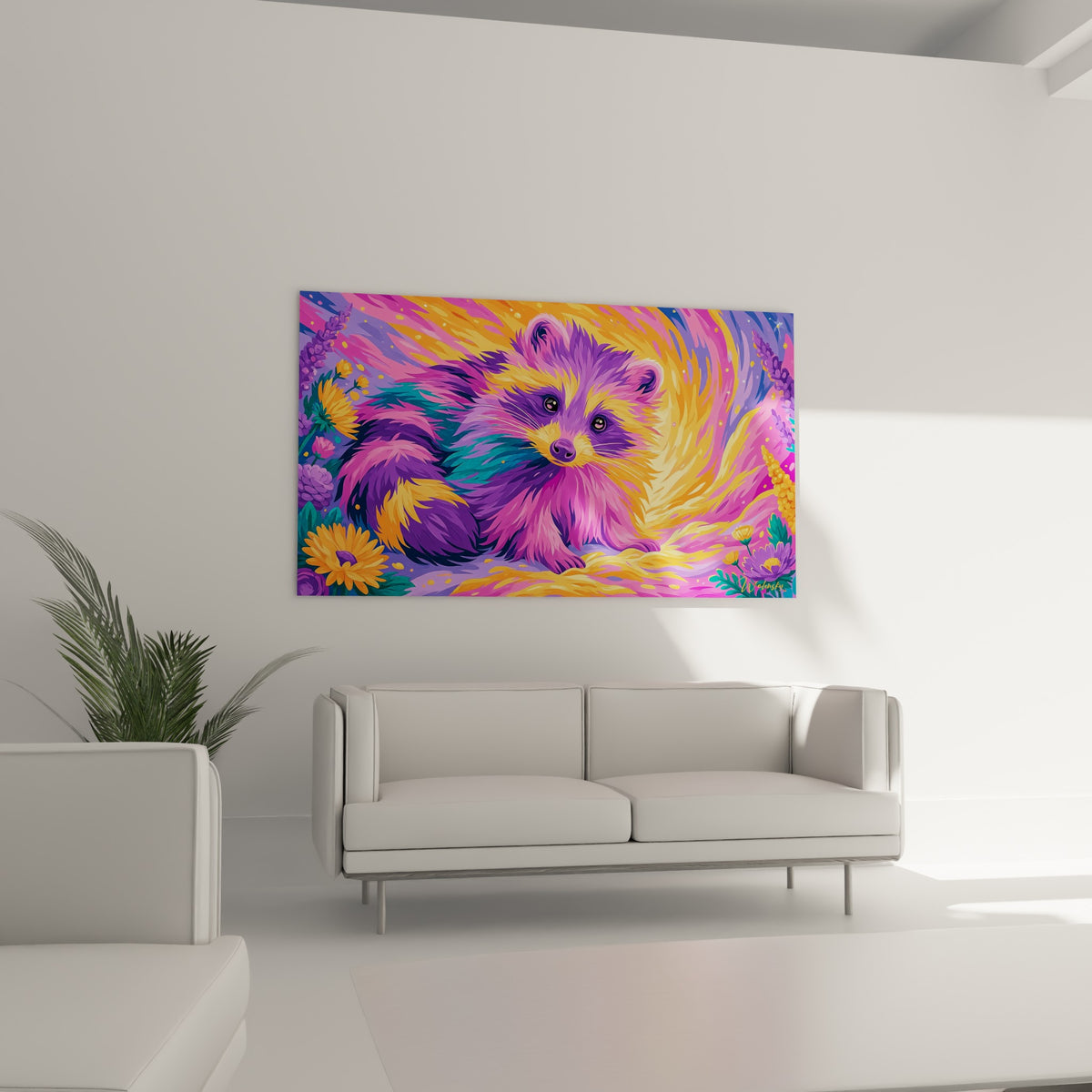 Animal fantastique aux tons violets et dorés parmi les tournesols, tableau au-dessus d'un canapé dans un salon lumineux