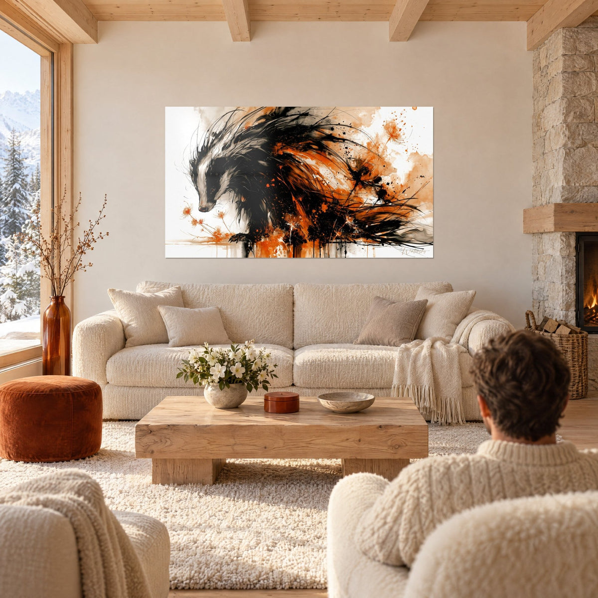 Tableau blaireau au pelage noir et blanc dans un fouillis d'encre orange, homme de dos, au-dessus d'un canapé dans un salon lumineux