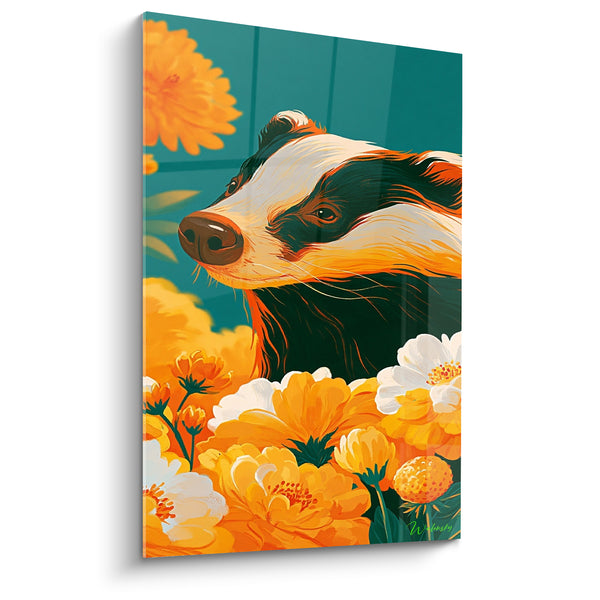 Tableau Blaireau noir et blanc parmi dahlias orangés - Fond turquoise sarcelle - Edition Blaireau