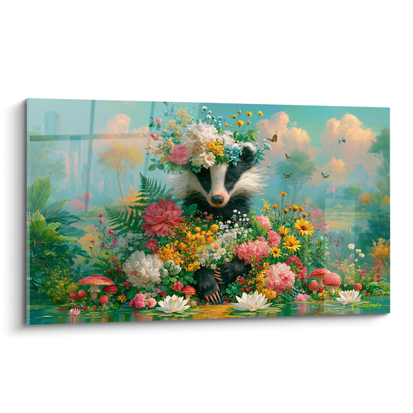 Tableau Blaireau noir et blanc parmi nénuphars blancs - Champignons rouges et papillons - Edition Blaireau