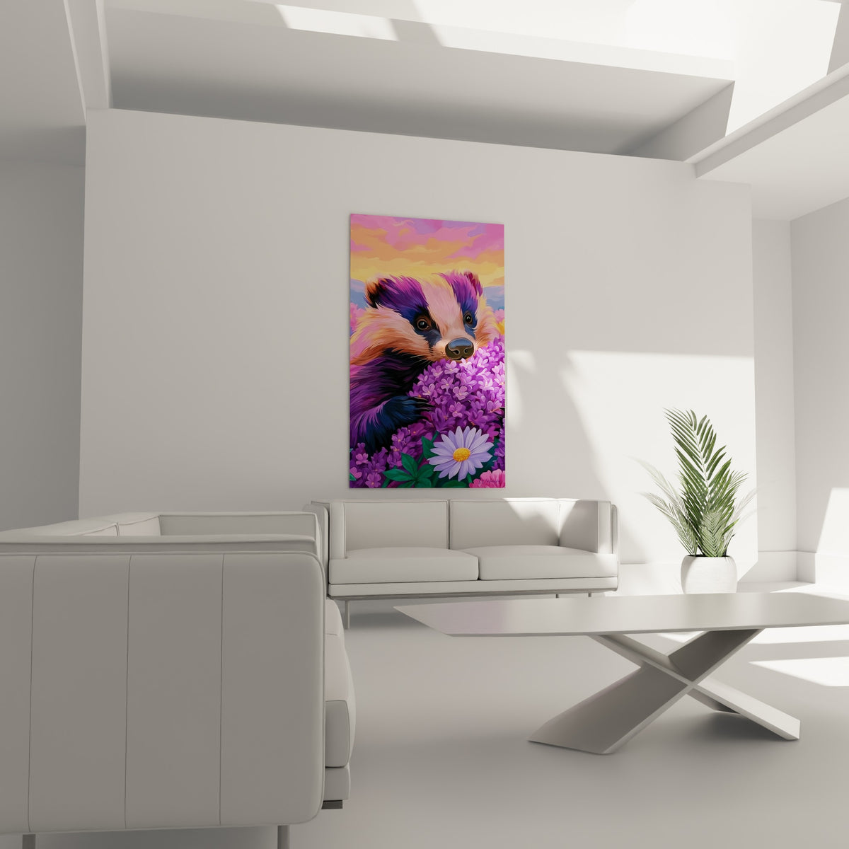 Fleurs violettes et marguerite mauve entourant le blaireau, accroché au-dessus d'un canapé dans un salon lumineux