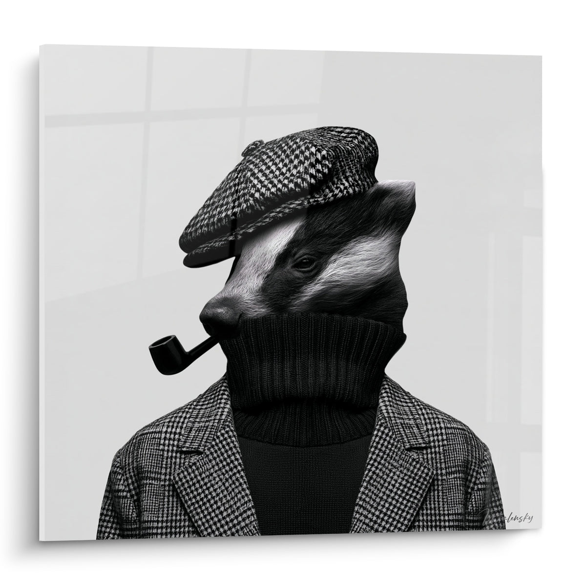 Blaireau en casquette à carreaux grise et veste tweed anthracite, pipe à la bouche, portrait noir et blanc