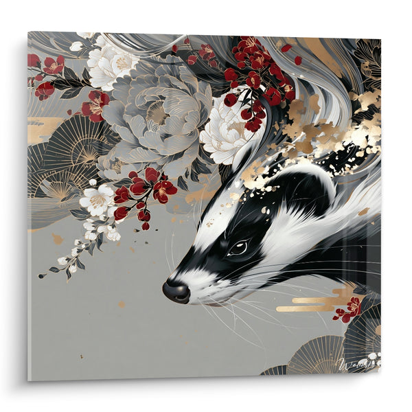 Tableau Blaireau noir et blanc fleurs rouges - Souffle du jardin - Edition Blaireau