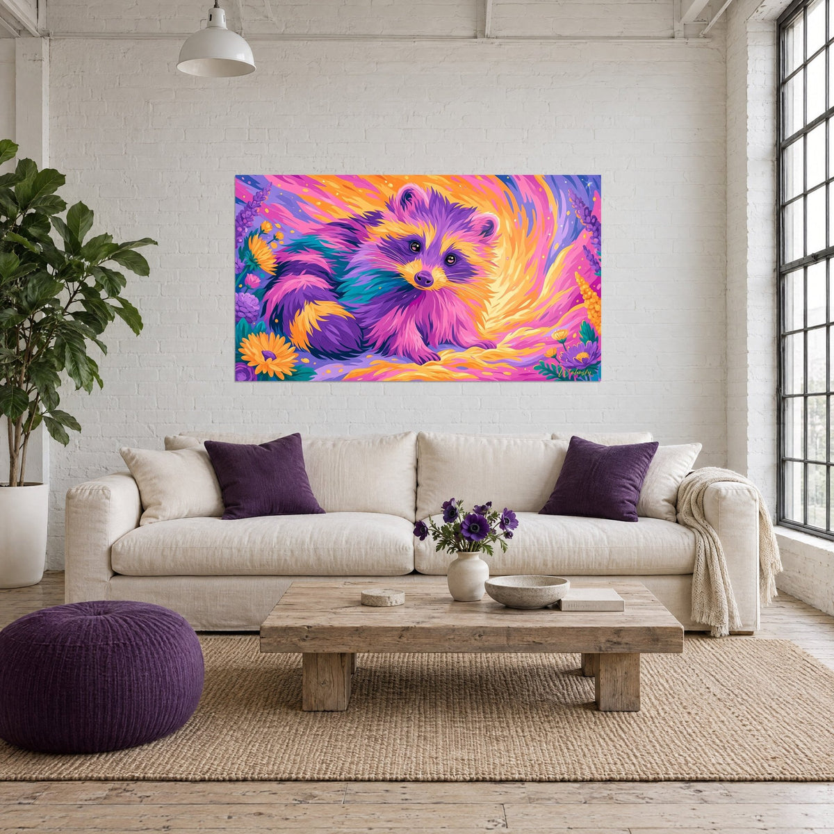Wall art laughing badger with purple and orange fur, among sunflowers and lavender, above a sofa in a bright living room