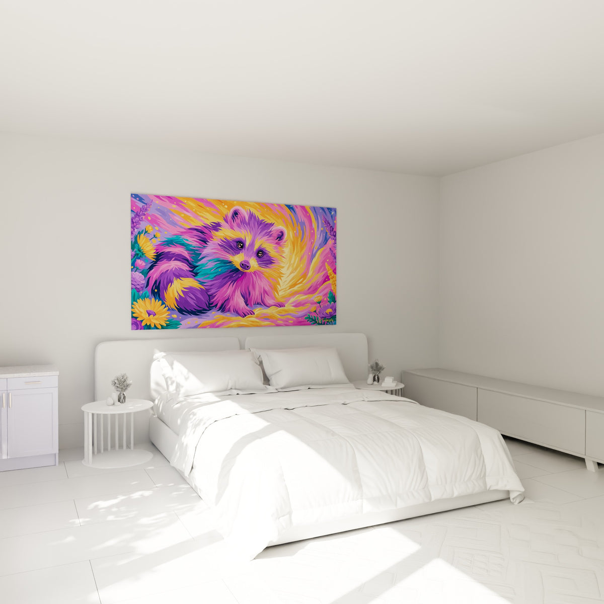 Créature au pelage mauve et fuchsia entourée de fleurs, œuvre accrochée au-dessus d'un lit dans une chambre claire