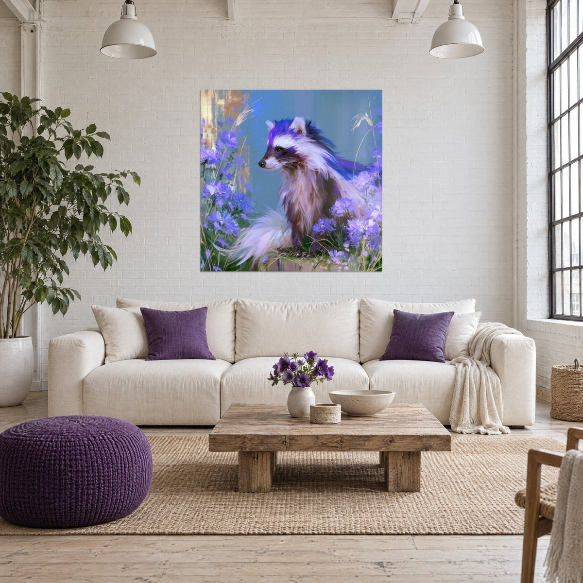 Tableau blaireau à crinière bleu violet entouré de fleurs mauves, museau blanc tourné de profil, au-dessus d'un canapé dans un salon lumineux