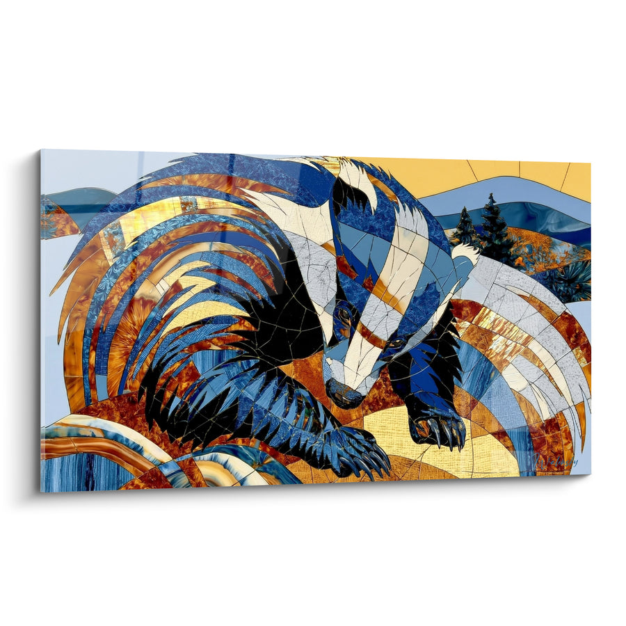 Tableau Blaireau mosaïque bleu et ambre - Instant suspendu - Edition Blaireau