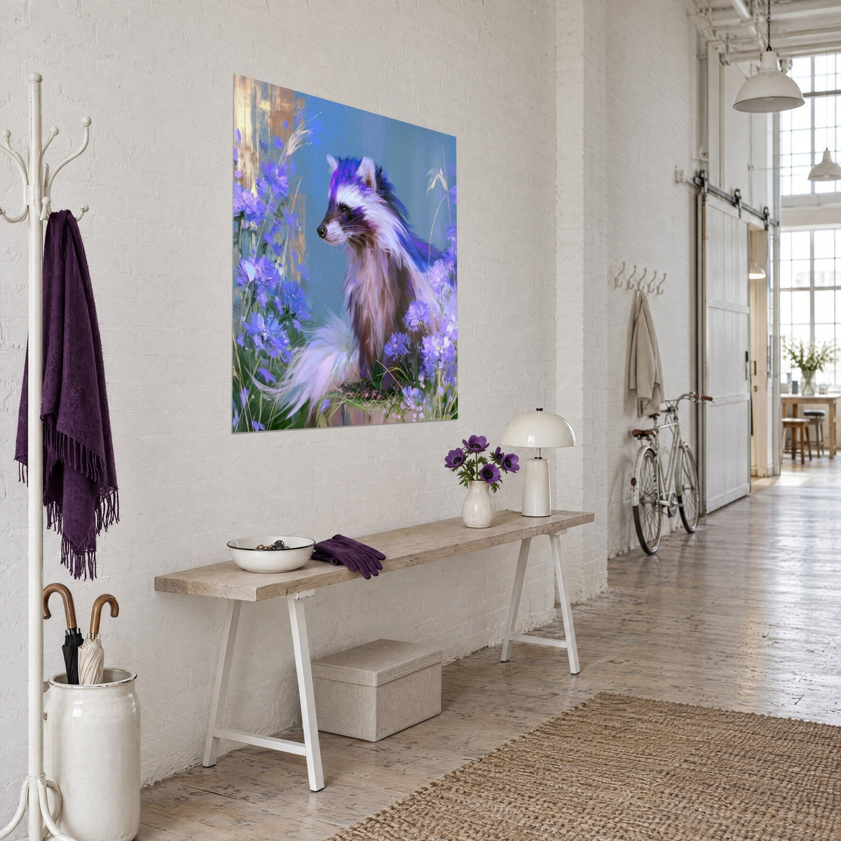 Tableau mustélidé au pelage blanc et brun, crinière indigo et violette, fond bleu-gris et herbes folles, mur blanc d'un loft d'artiste