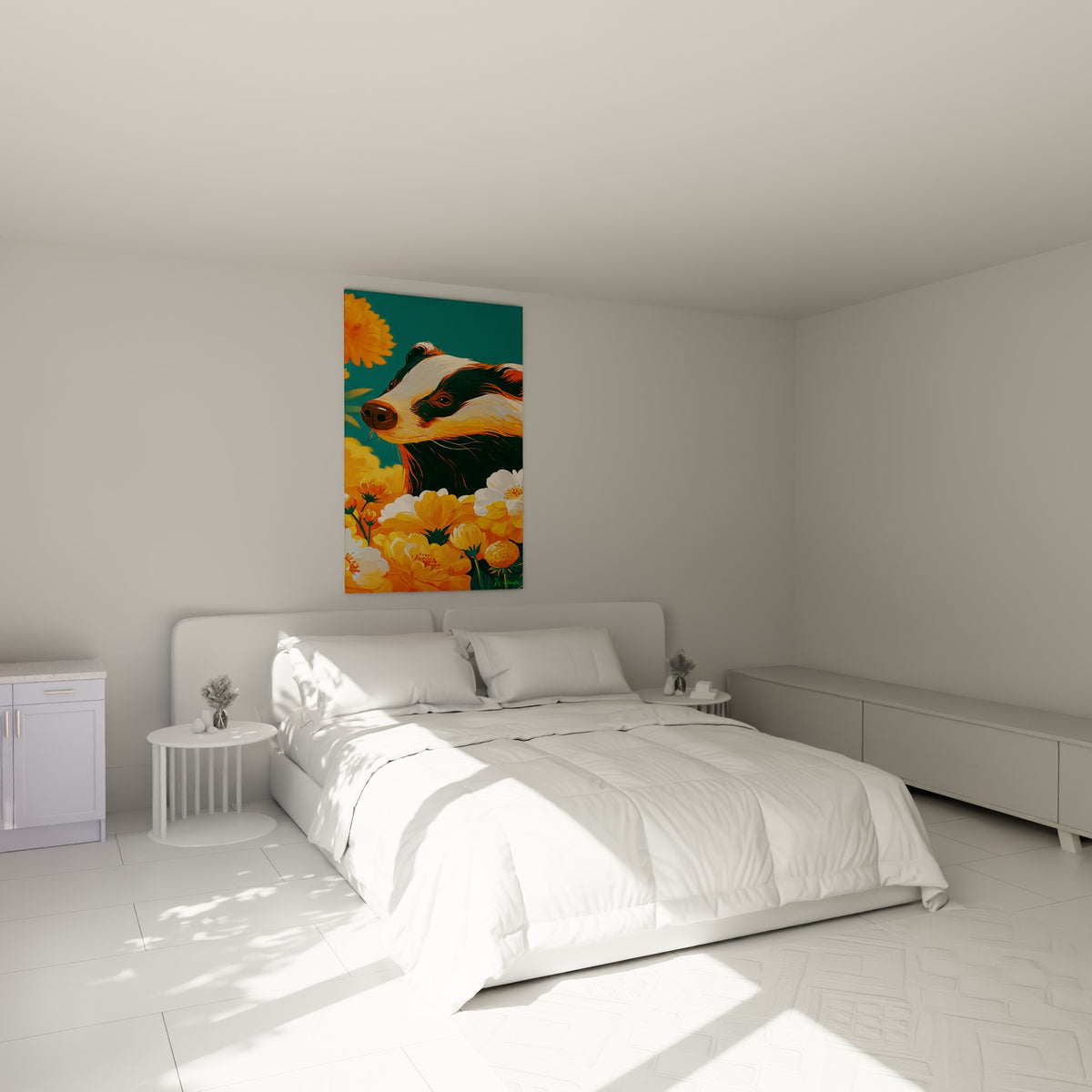 Museau de blaireau noir et blanc parmi des fleurs orange, accroché au-dessus d'un lit dans une chambre claire