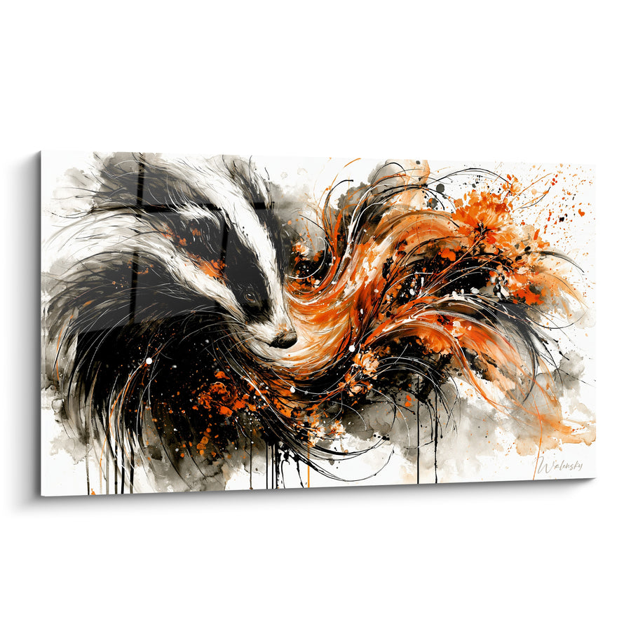 Tableau Blaireau noir et blanc mèches orangées - Souffle incandescent - Edition Blaireau