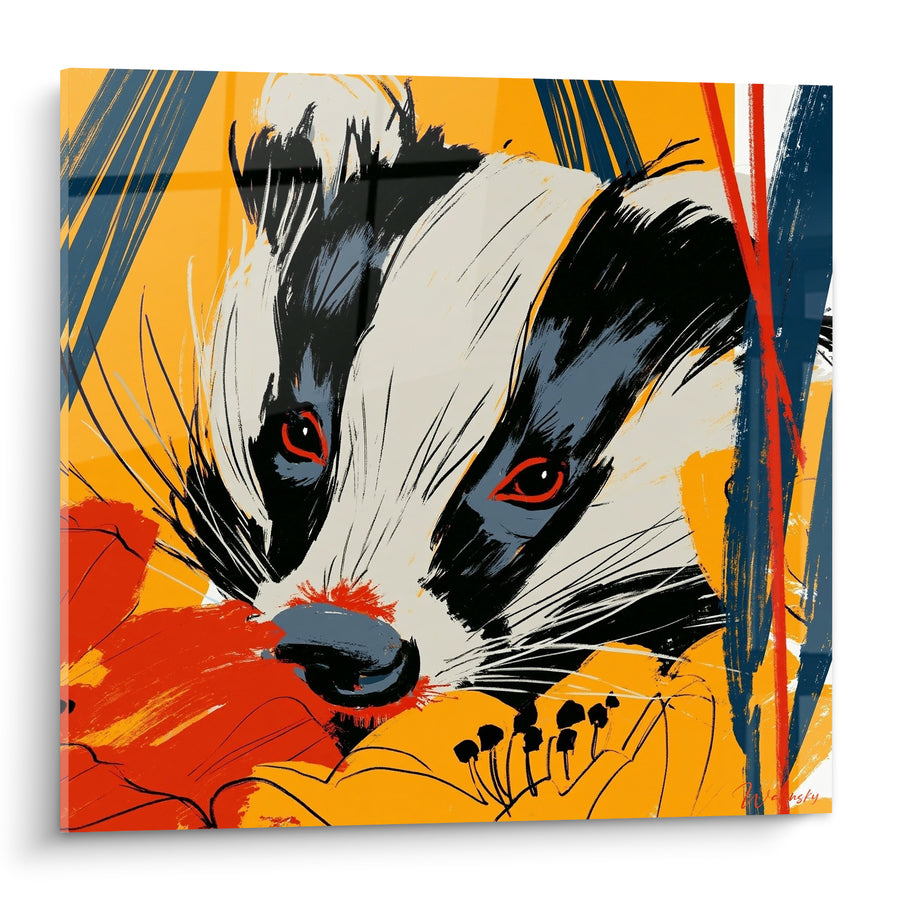 Tableau Blaireau au museau rouge fond safran - Regard des fourrés - Edition Blaireau