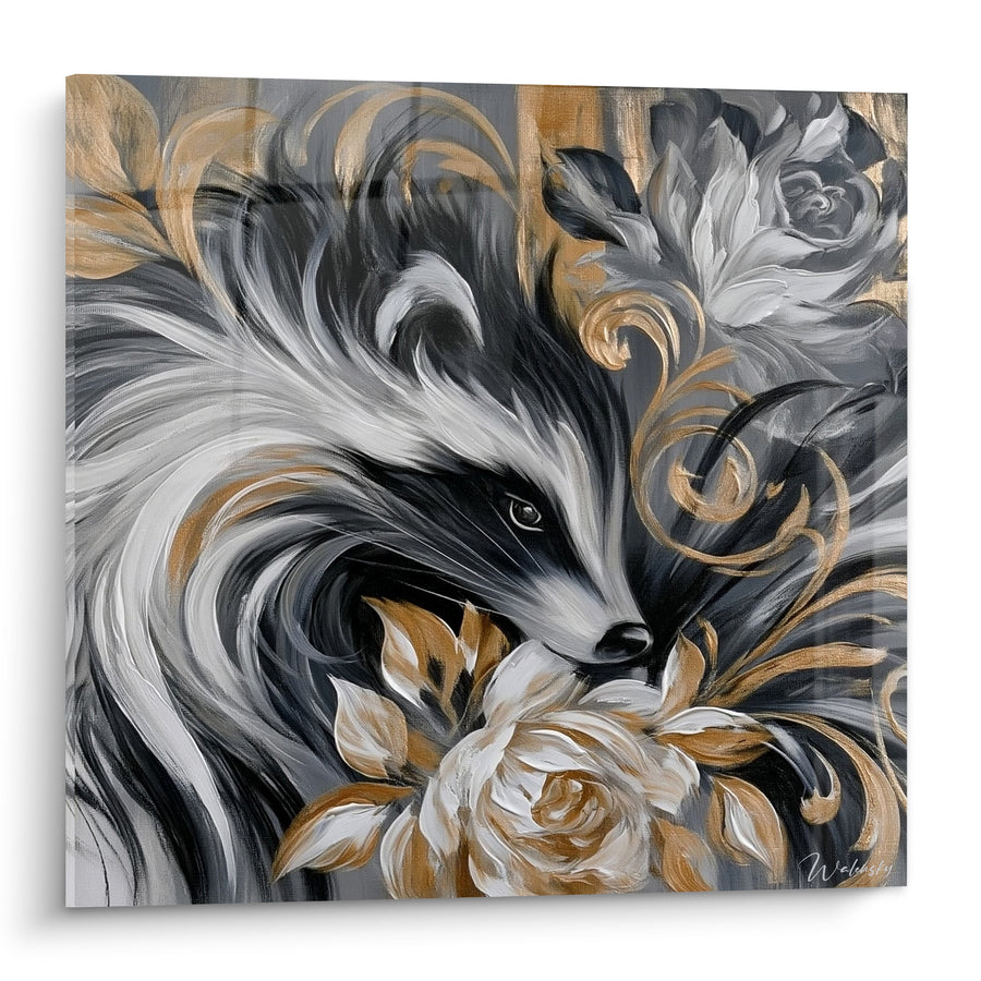 Tableau Blaireau noir et doré parmi les roses - Songe floral nocturne - Edition Blaireau