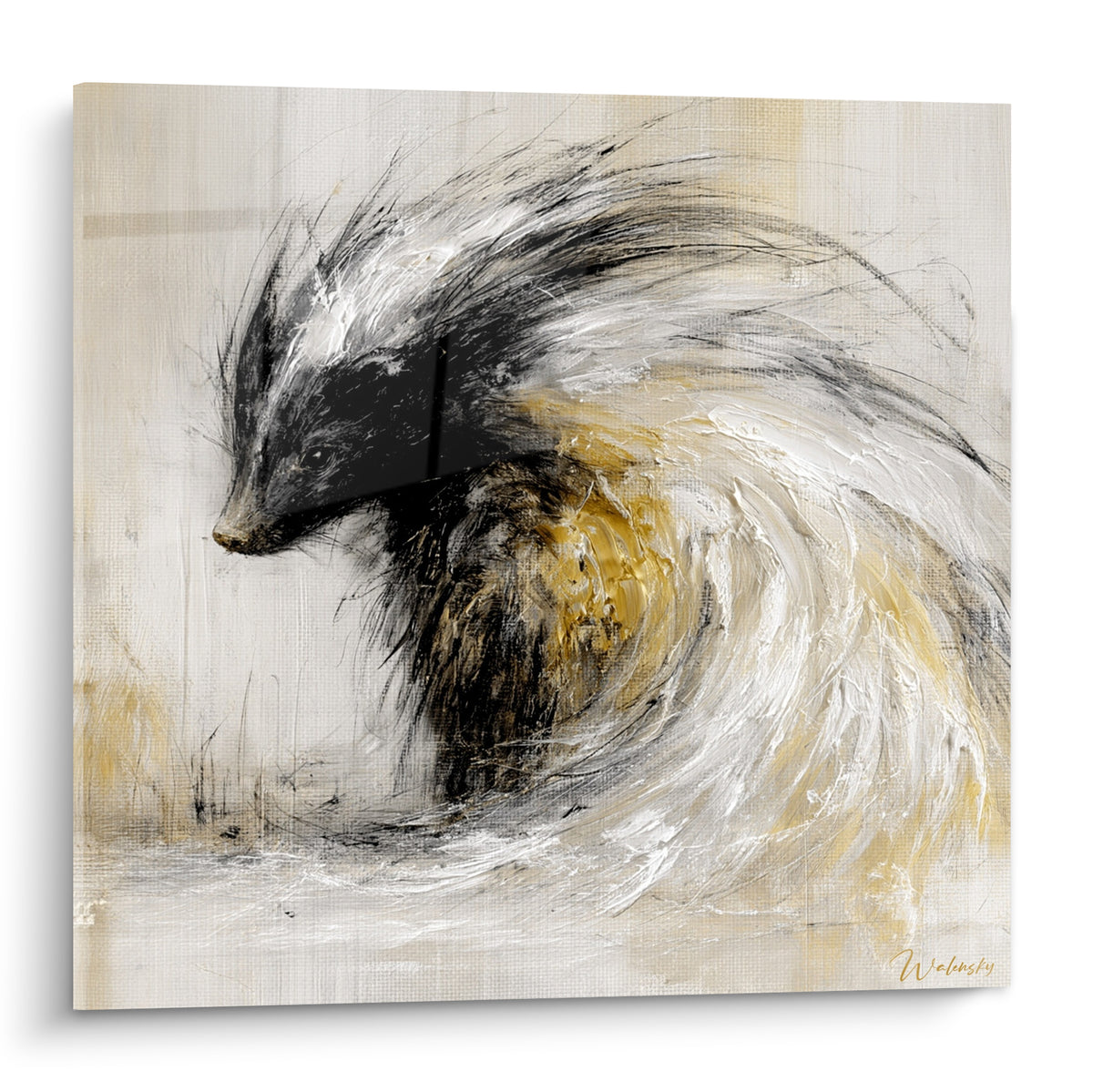 Blaireau peint en spirale noire, blanche et dorée, technique au couteau texturée et expressive