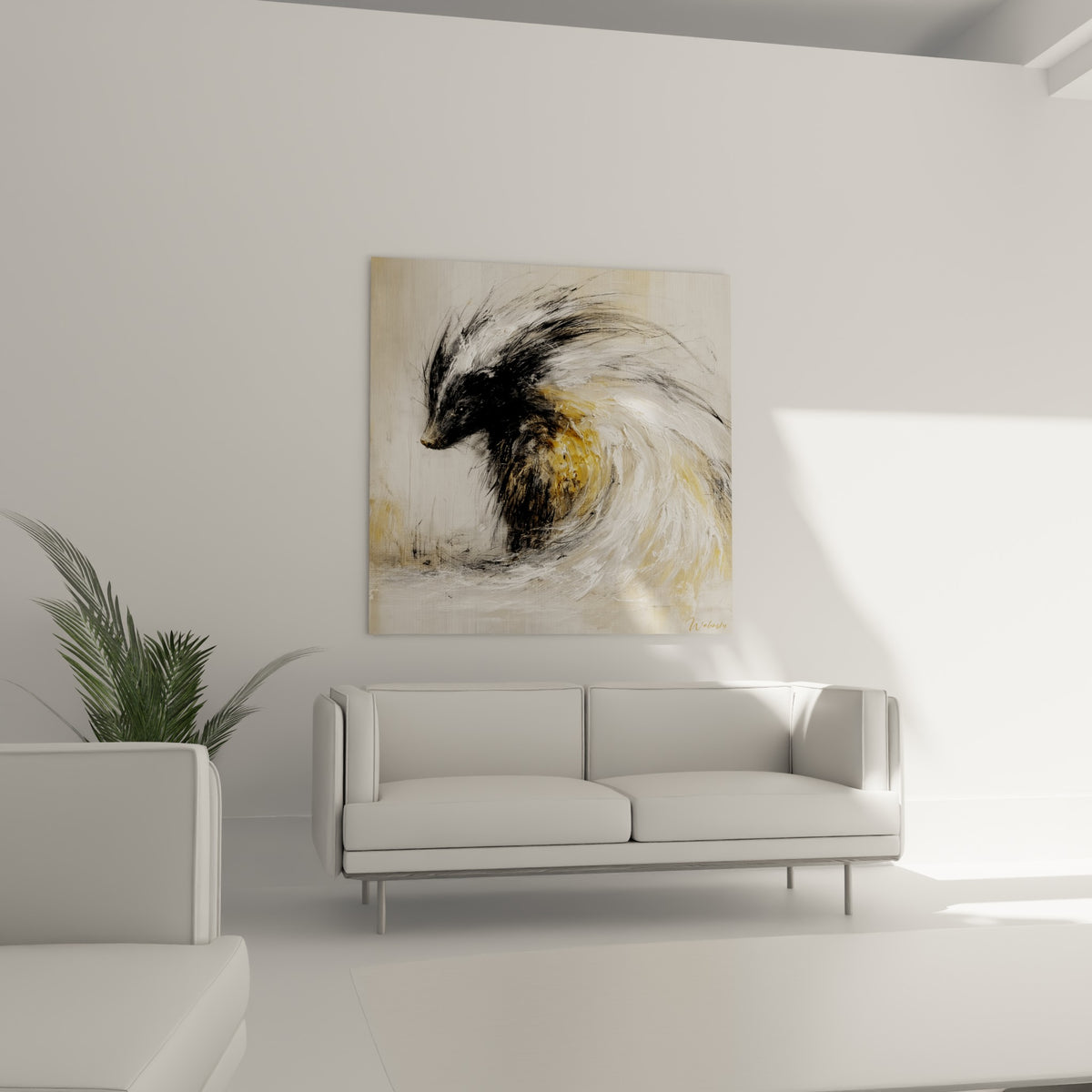 Silhouette du blaireau en mouvement, tons crème et anthracite, au-dessus d'un canapé dans un salon lumineux