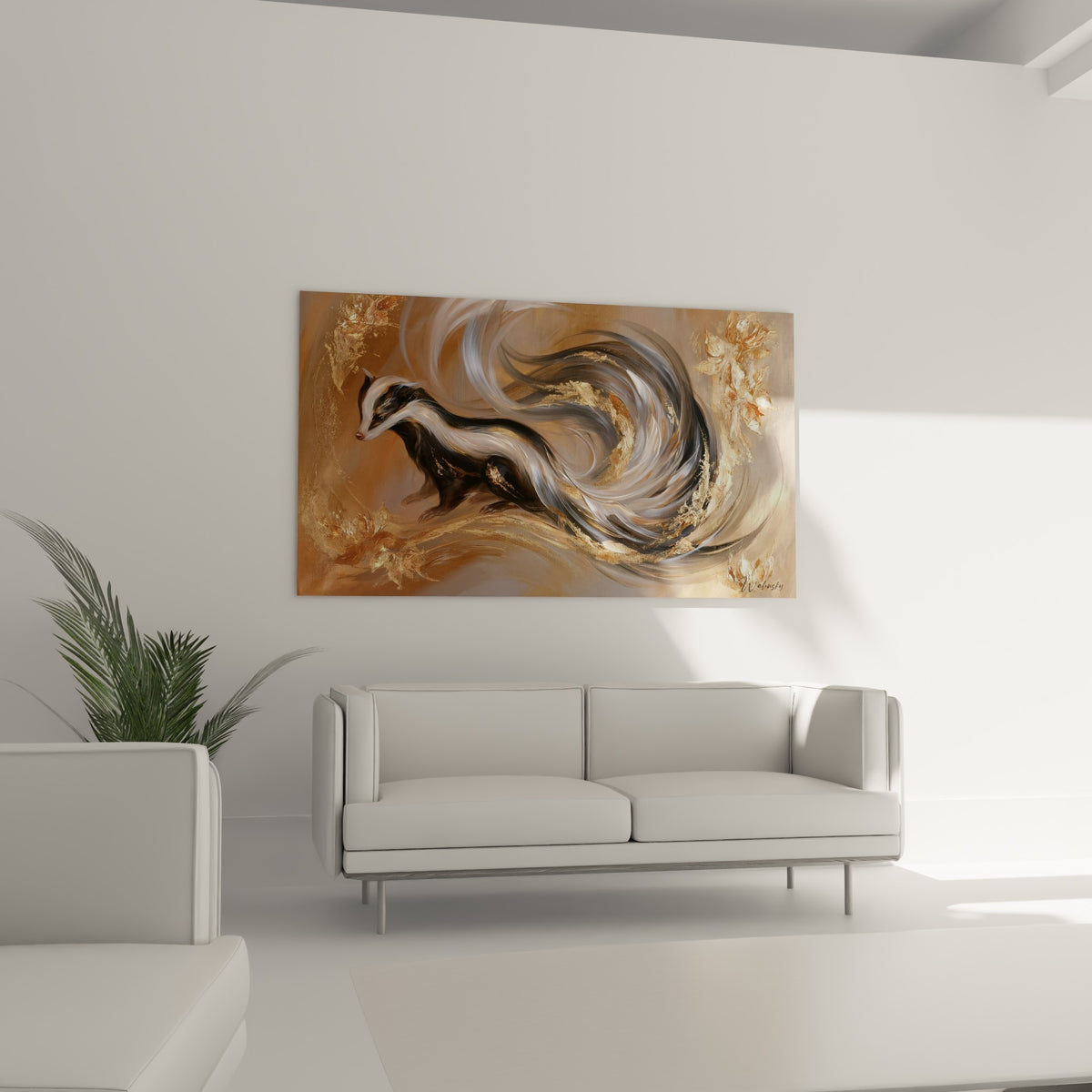 Posture attentive du blaireau ocre et noir affichée au-dessus d'un canapé dans un salon lumineux