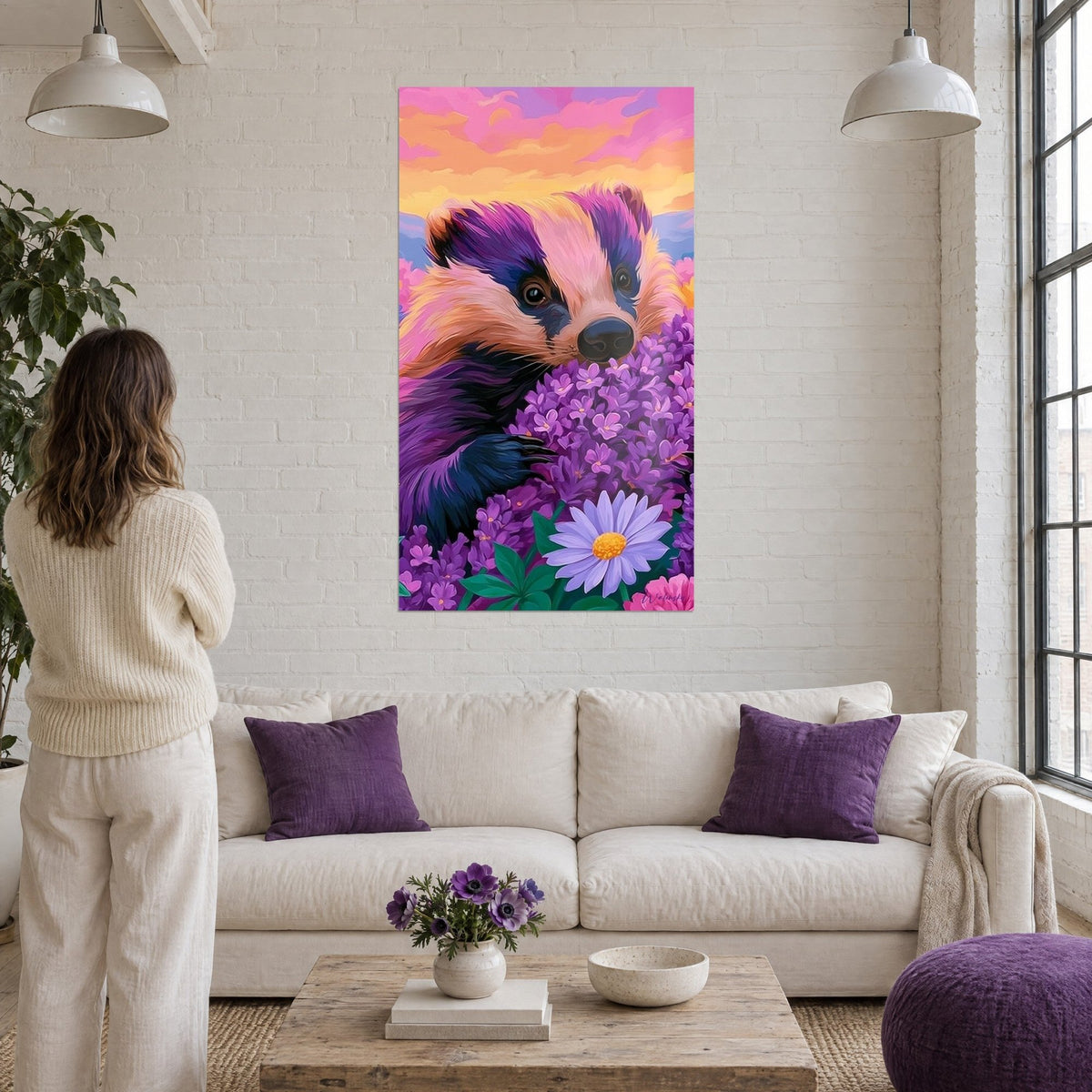 Tableau blaireau au museau rose et masque violet parmi des lilas, ciel orangé, au-dessus d'un canapé dans un salon lumineux