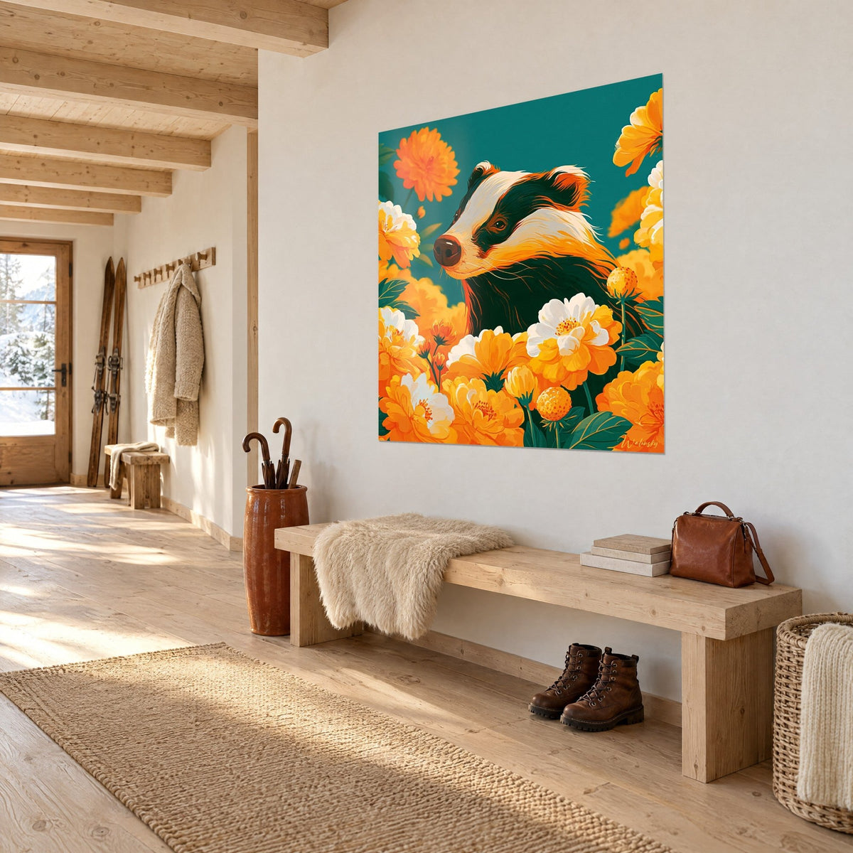 Cuadro de retrato de perfil de un tejón rodeado de flores amarillo azafrán sobre fondo verde azulado, colgado en una entrada de madera clara de chalet