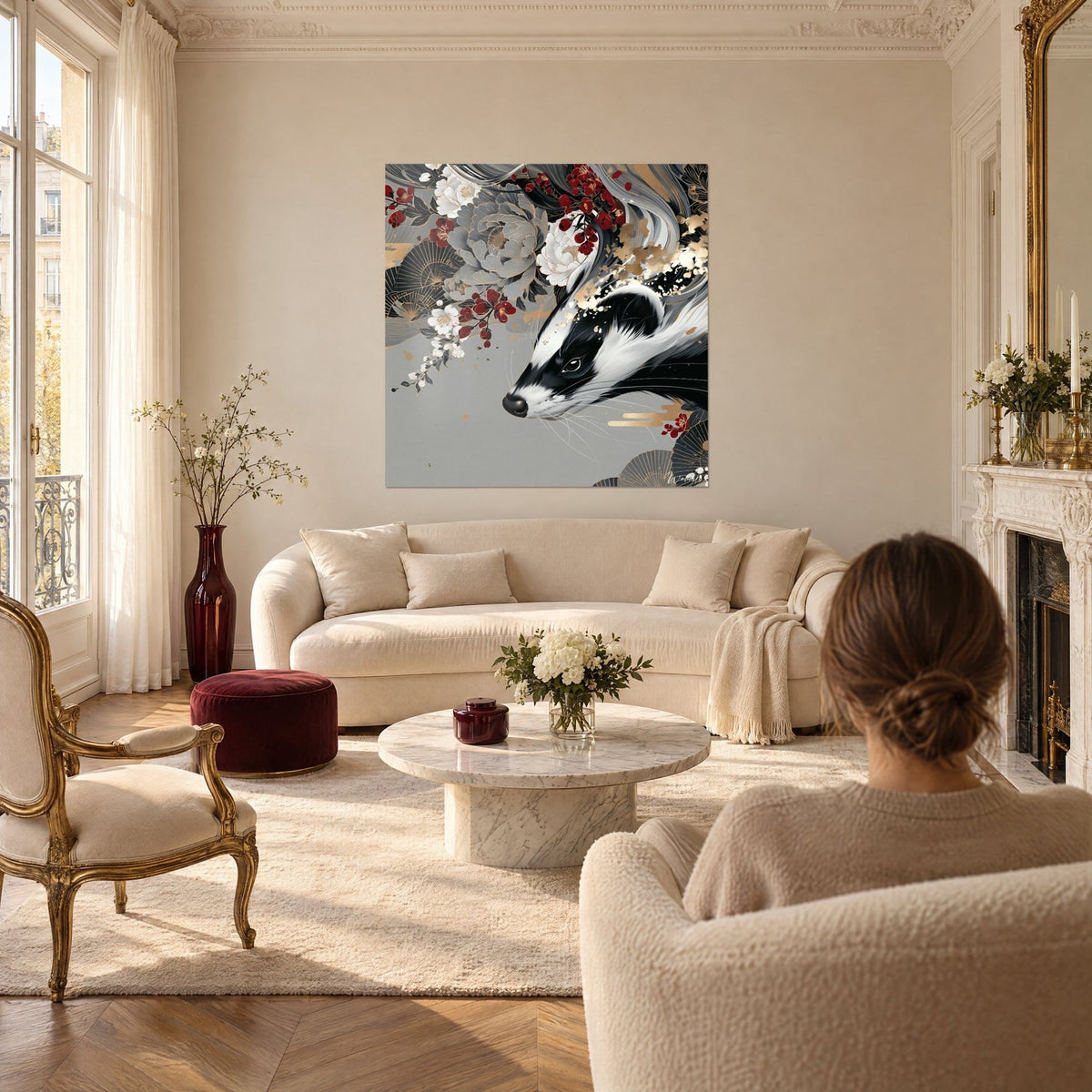 Tableau blaireau au masque noir et blanc entouré de pivoines grises et de fleurs rouges, au-dessus d'un canapé dans un salon lumineux