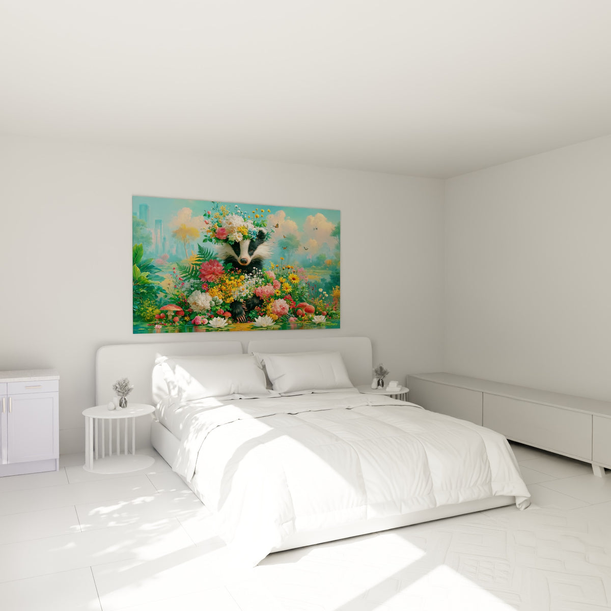 Museau du blaireau entouré de pivoines roses et marguerites blanches, au-dessus d'un lit dans une chambre claire