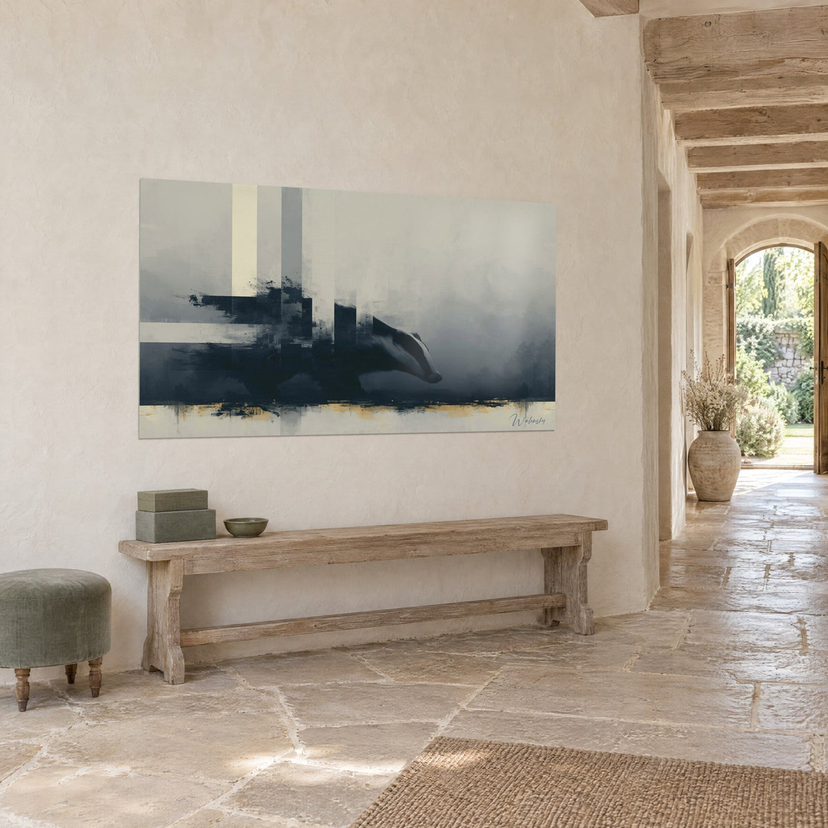 Wall art of a black-and-white striped animal emerging from ash-grey fog, golden edging at the bottom, above a rustic wooden bench