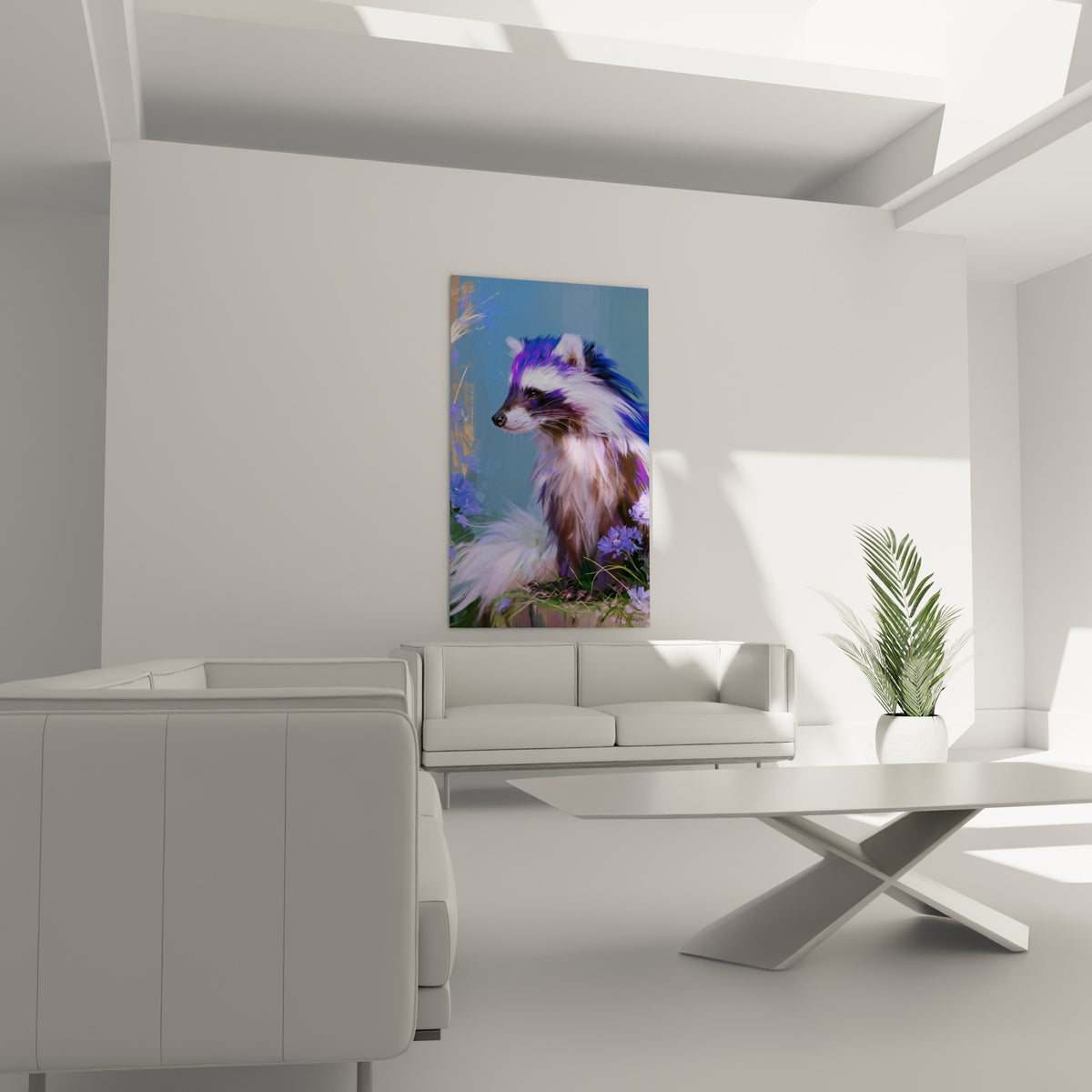 Regard curieux du blaireau bleu et violet, suspendu au-dessus d'un canapé dans un salon lumineux
