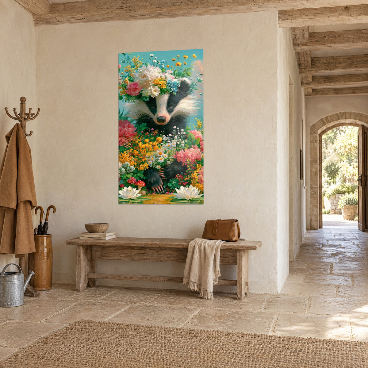 Tableau museau rose d'un blaireau rayé entouré de marguerites blanches et de fleurs orangées, couloir en pierre de campagne