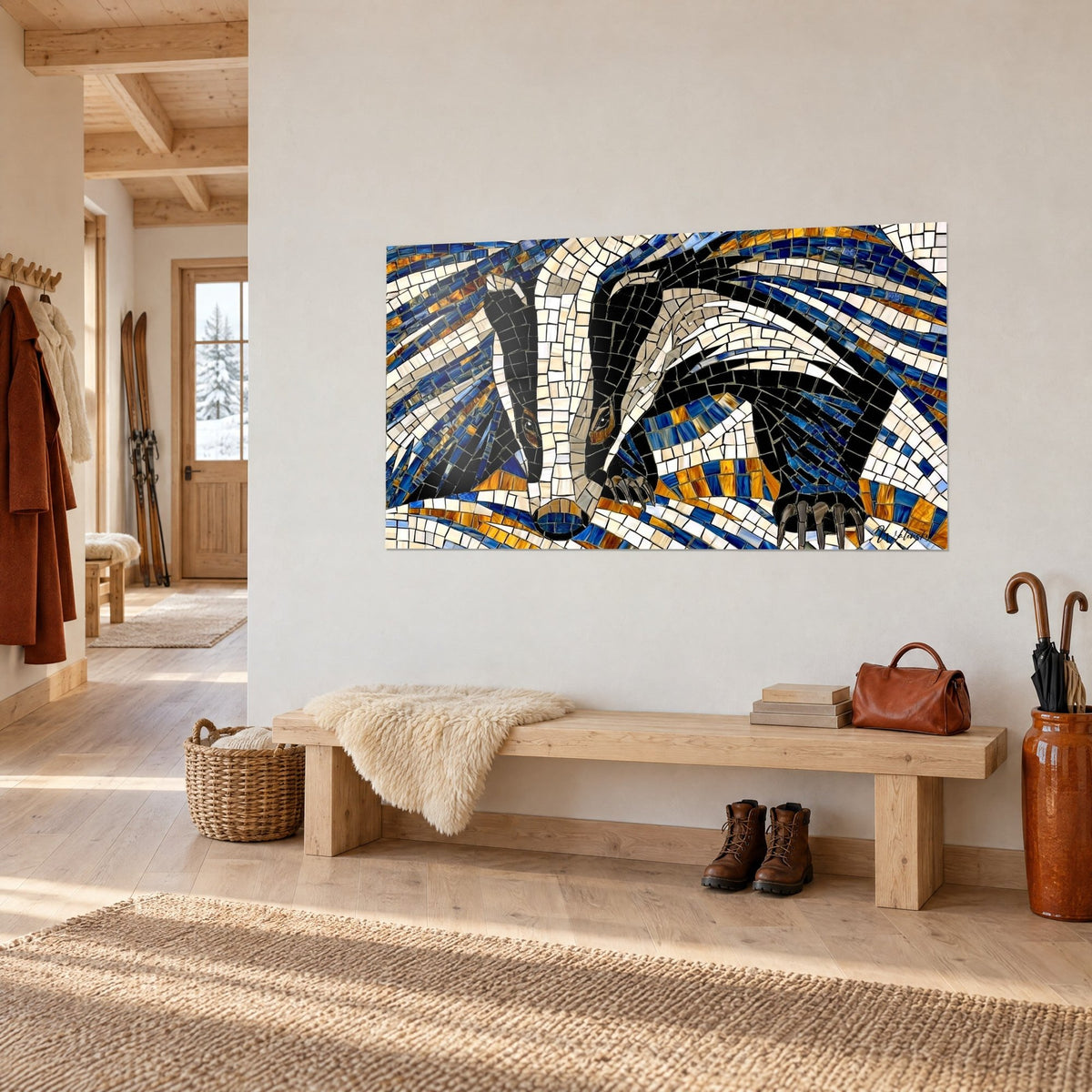 Tableau portrait de blaireau en mosaïque, museau noir et crème, éclats saphir et or, mur clair d'une entrée de chalet