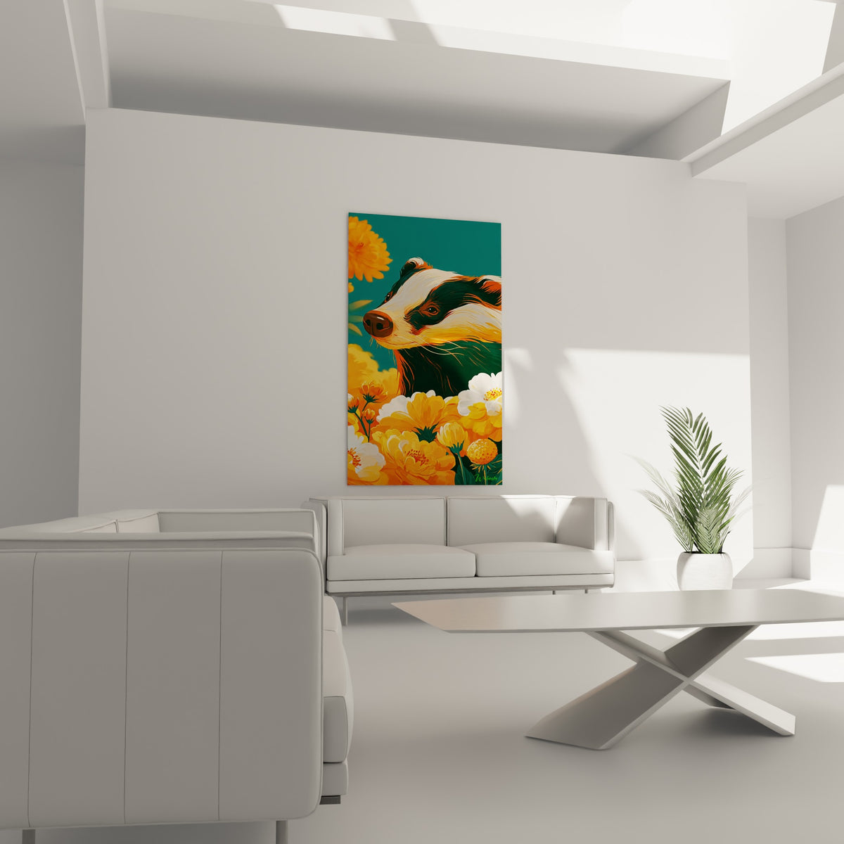 Regard perçant du blaireau bordé d'orange rouille, suspendu au-dessus d'un canapé dans un salon lumineux