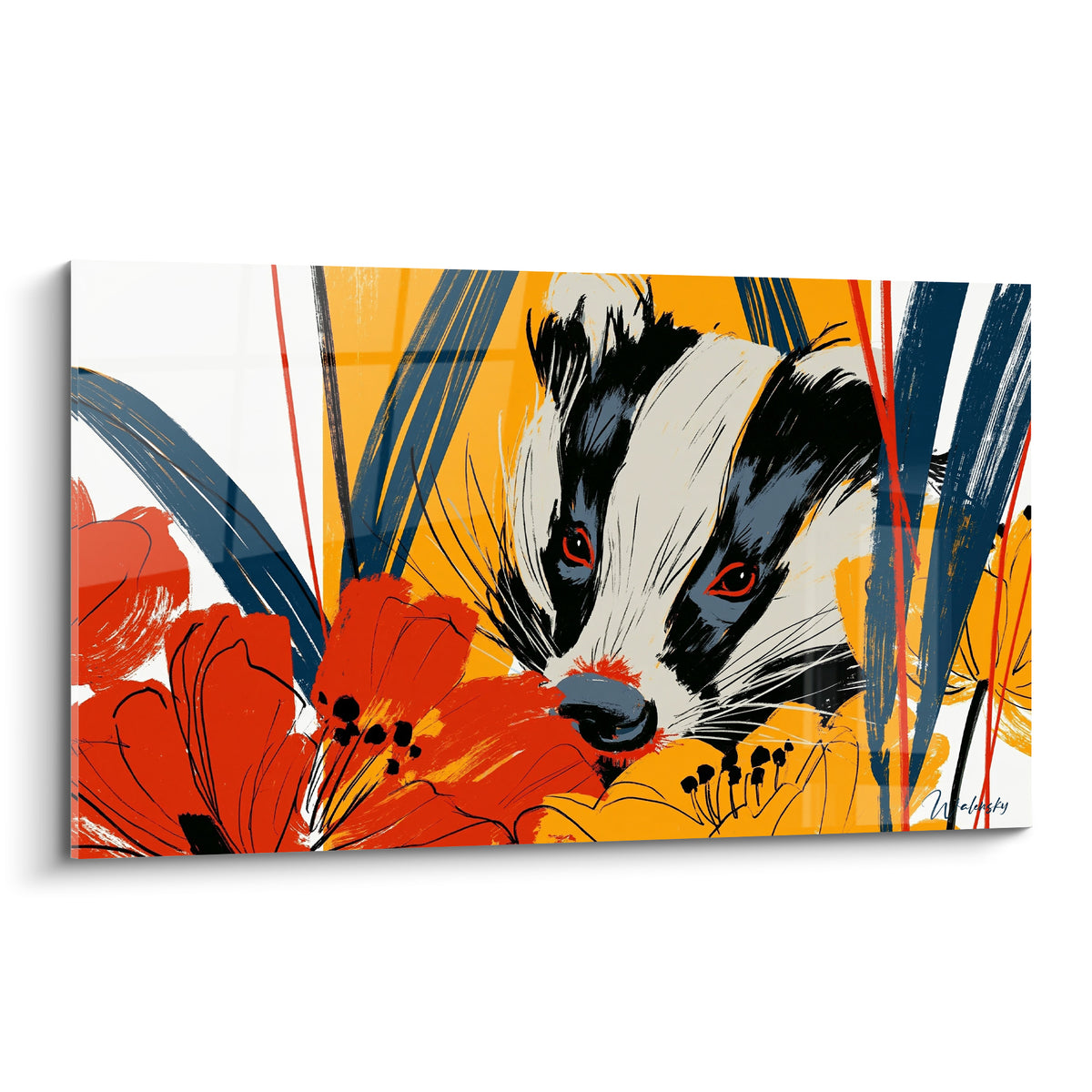 Blaireau au regard rouge intense surgissant de fleurs rouges et fond jaune safran