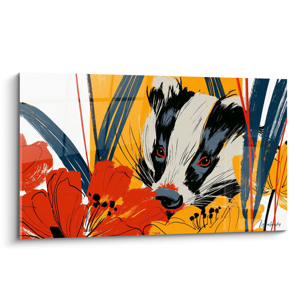 Tableau Blaireau parmi fleurs rouges et jaunes - Guet fleuri - Edition Blaireau