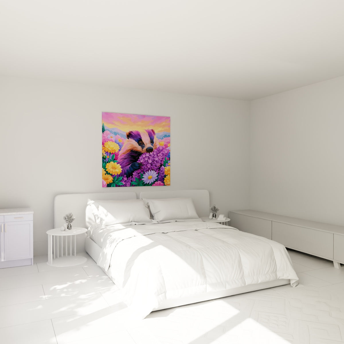 Museau noir du blaireau violet entouré de fleurs dorées, accroché au-dessus d'un lit dans une chambre claire
