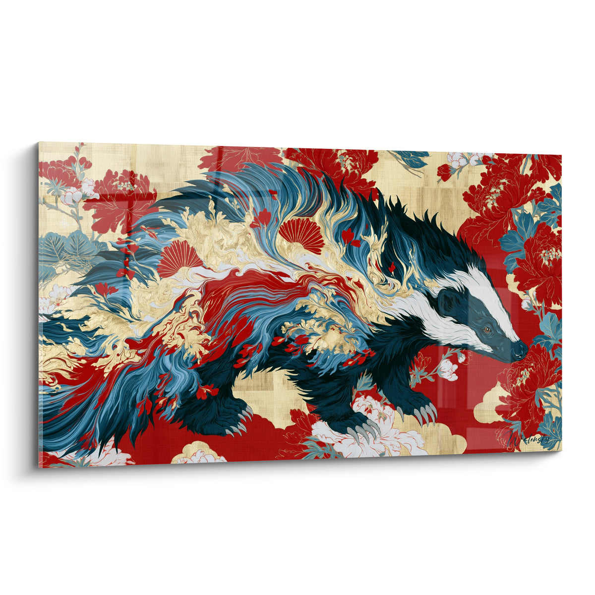 Blaireau au pelage anthracite se fondant en vagues bleu pastel et rouge terracotta doré