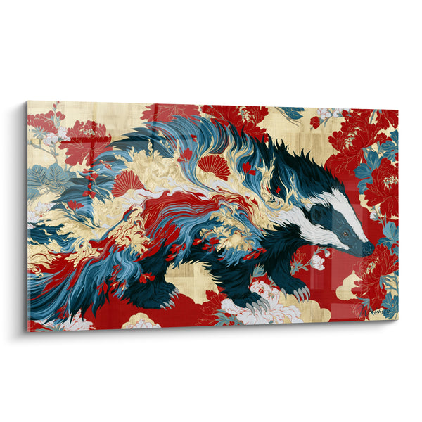 Schilderij Rode en blauwe marter met Japanse bloemen - Bloeiende woede - Editie Marter