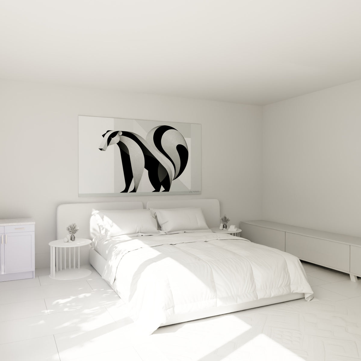 Silhouette de blaireau anthracite et blanche au-dessus d'un lit dans une chambre claire