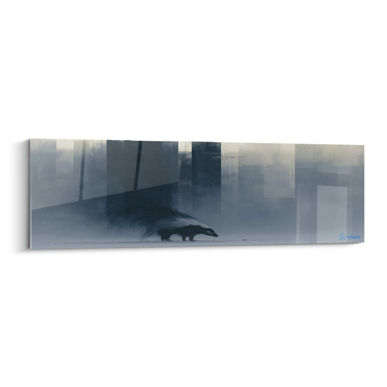 Tableau Blaireau noir et gris traversant la brume - Silhouette urbaine embrumée - Edition Blaireau