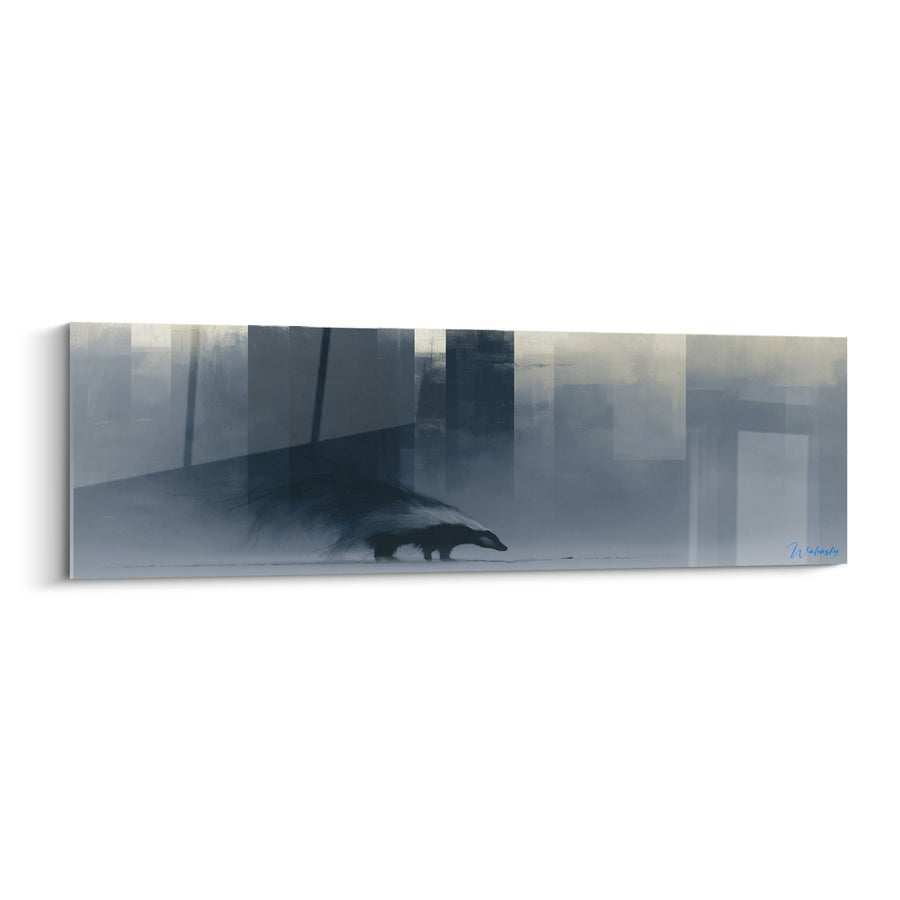 Tableau Blaireau noir et gris traversant la brume - Silhouette urbaine embrumée - Edition Blaireau