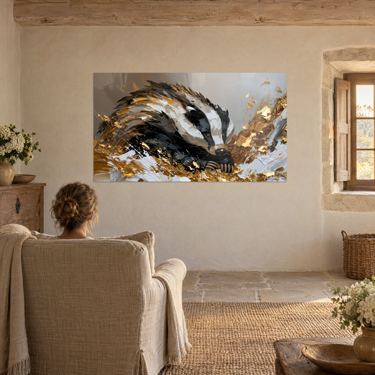 Schilderij das met met het mes gemodelleerde vacht, diep zwart, crèmewit en goud, tegenover een beige linnen fauteuil